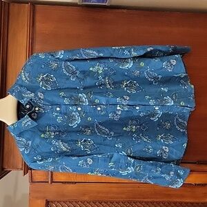 Talbots | Blue Floral Paisley Button Down Long Sleeve Top Office Preppy Cotton